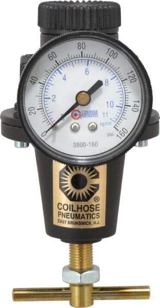 Coilhose Pneumatics - 3/8 NPT Port, 40 CFM, Cast Aluminum Heavy-Duty T-Handle Regulator - 0 to 125 psi Range, 250 Max psi Supply Pressure, 1/4" Gauge Port Thread, 3" Wide x 5-1/2" High - Apex Tool & Supply