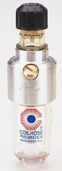 Coilhose Pneumatics - 1/4 NPT Port, 150 Max psi, Miniature Lubricator - Polycarbonate Bowl, Cast Aluminum Body, 11 CFM, 120°F Max, 1-1/2" Wide x 5" High - Apex Tool & Supply