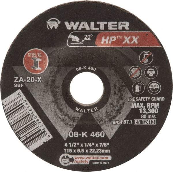 WALTER Surface Technologies - 20 Grit, 4-1/2" Wheel Diam, 1/4" Wheel Thickness, Type 27 Depressed Center Wheel - Aluminum Oxide, 13,300 Max RPM - Apex Tool & Supply