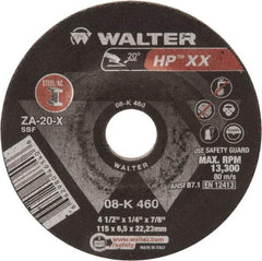 WALTER Surface Technologies - 20 Grit, 4-1/2" Wheel Diam, 1/4" Wheel Thickness, Type 27 Depressed Center Wheel - Aluminum Oxide, 13,300 Max RPM - Apex Tool & Supply
