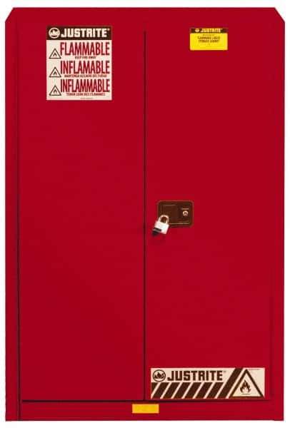 Justrite - 2 Door, 5 Shelf, Red Steel Standard Safety Cabinet for Flammable and Combustible Liquids - 65" High x 43" Wide x 18" Deep, Manual Closing Door, 3 Point Key Lock, 60 Gal Capacity - Apex Tool & Supply