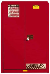 Justrite - 2 Door, 5 Shelf, Red Steel Standard Safety Cabinet for Flammable and Combustible Liquids - 65" High x 43" Wide x 18" Deep, Manual Closing Door, 3 Point Key Lock, 60 Gal Capacity - Apex Tool & Supply