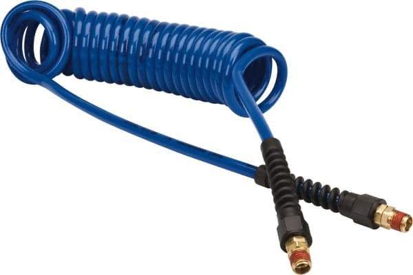 Coilhose Pneumatics - 1/4" ID, 1/4 Thread, 15' Long, Dark Blue Polyurethane Coiled & Self Storing Hose - 125 Max psi, Male Swivel x Male Swivel with Strain Relief - Apex Tool & Supply