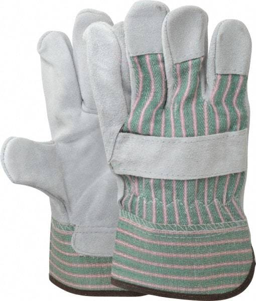 PIP - Size L (9) Split Cowhide General Protection Work Gloves - For General Purpose, Uncoated, Safety Cuff, Full Fingered, Green/Pink/Gray, Paired - Apex Tool & Supply
