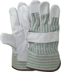 PIP - Size L (9) Split Cowhide General Protection Work Gloves - For General Purpose, Uncoated, Safety Cuff, Full Fingered, Green/Pink/Gray, Paired - Apex Tool & Supply