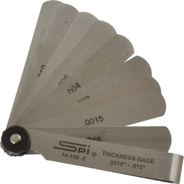 SPI - 9 Piece, 0.0015 to 0.015", Parallel Feeler Gage Set - 3" Long x 1/2" Wide, Tempered Steel - Apex Tool & Supply