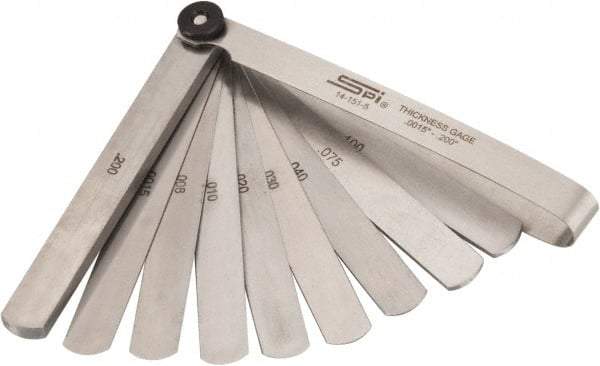 SPI - 13 Piece, 0.0015 to 0.2" Thick, Parallel Feeler Gage Set - 4-1/4" Leaf Length, 1/2" Wide, Tempered Steel - Apex Tool & Supply
