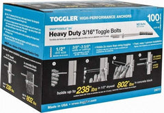 Toggler - 3/16" Screw, 6-1/4" Long, 3/8 to 3-5/8" Thick, Toggle Bolt Drywall & Hollow Wall Anchor - 3/16 - 24" Thread, 1/2" Drill, Zinc Plated, Steel, Grade 1010, Use in Drywall - Apex Tool & Supply