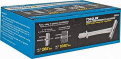 Toggler - 1/4" Screw, 6-1/4" Long, 3/8 to 3-5/8" Thick, Toggle Bolt Drywall & Hollow Wall Anchor - 1/4 - 20" Thread, 1/2" Drill, Zinc Plated, Steel, Grade 1010, Use in Drywall - Apex Tool & Supply