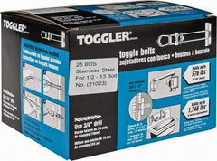 Toggler - 1/2" Screw, 6" Long, 3/8 to 2-1/2" Thick, Toggle Bolt Drywall & Hollow Wall Anchor - 1/2 - 13" Thread, 3/4" Drill, Uncoated, Stainless Steel, Grade 304, Use in Drywall - Apex Tool & Supply