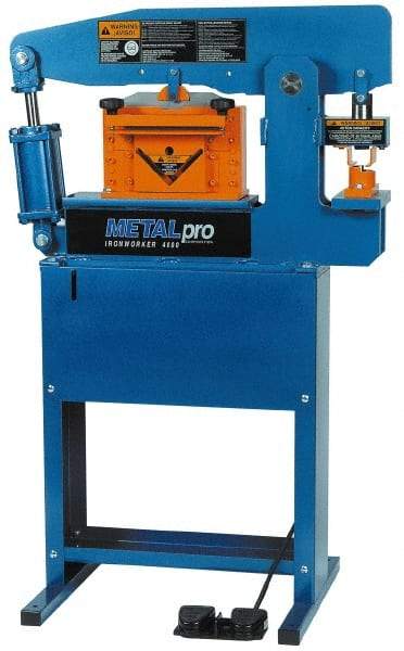 Metalpro - 3-3/4" Throat Depth, 45 Ton Punch Pressure, Ironworker - 1-1/2 hp, 1 Phase, 110 Volts, 37" Wide x 55-1/4" High x 24" Deep - Apex Tool & Supply