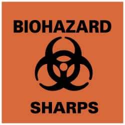 NMC - Hazardous Materials Label - Legend: Biohazard - Sharps, English, Black & Orange, 4" Long x 4" High, Sign Muscle Finish - Apex Tool & Supply