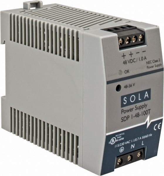 Sola/Hevi-Duty - 100 Watt, 1 Amp, 264 VAC, 375 VDC Input, 48 to 56 VDC Output, DIN Rail Power Supply - Screw Terminal Connection, 1 Output, 1.77 Inch Wide x 3.58 Inch Deep x 2.95 Inch High, Up to 90% Efficiency, 14 to 140°F, Green LED Display - Apex Tool & Supply
