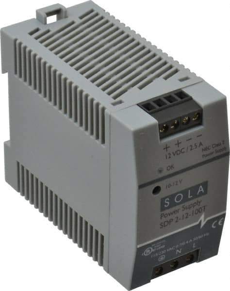 Sola/Hevi-Duty - 100 Watt, 3 to 2.5 Amp, 264 VAC, 375 VDC Input, 10 to 12 VDC Output, DIN Rail Power Supply - Screw Terminal Connection, 1 Output, 1.77 Inch Wide x 3.58 Inch Deep x 2.95 Inch High, Up to 80% Efficiency, 14 to 140°F, Green LED Display - Apex Tool & Supply