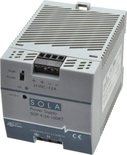 Sola/Hevi-Duty - 100 Watt, 4.20 Amp, 132 VAC, 264 VAC, 375 VDC Input, 24 to 28 VDC Output, DIN Rail Power Supply - Screw Terminal Connection, 1 Output, 2.85 Inch Wide x 3.8 Inch Deep x 2.95 Inch High, Up to 88% Efficiency, 14 to 140°F, Green LED Display - Apex Tool & Supply