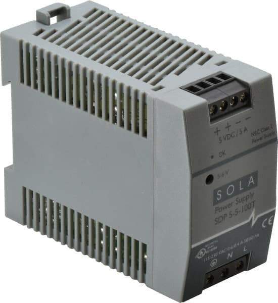 Sola/Hevi-Duty - 100 Watt, 5 Amp, 264 VAC, 375 VDC Input, 5 to 6 VDC Output, DIN Rail Power Supply - Screw Terminal Connection, 1 Output, 1.77 Inch Wide x 3.58 Inch Deep x 2.95 Inch High, Up to 80% Efficiency, 14 to 140°F, Green LED Display - Apex Tool & Supply
