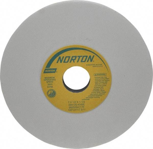 Norton - 7" Diam x 1-1/4" Hole x 1/2" Thick, K Hardness, 120 Grit Surface Grinding Wheel - Aluminum Oxide, Type 1, Fine Grade, 3,600 Max RPM, Vitrified Bond, No Recess - Apex Tool & Supply