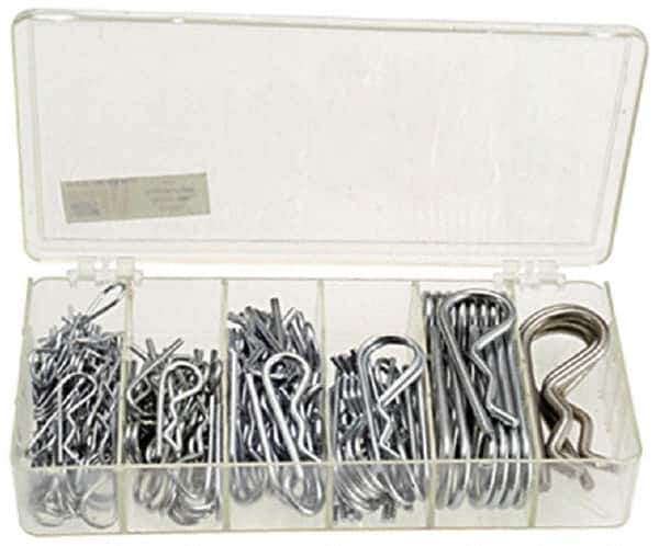 Precision Brand - 150 Piece, 1/16 to 3/16" Pin Diam, Hitch Pin Assortment - 1-9/16 to 3-1/4" Long, Steel - Apex Tool & Supply