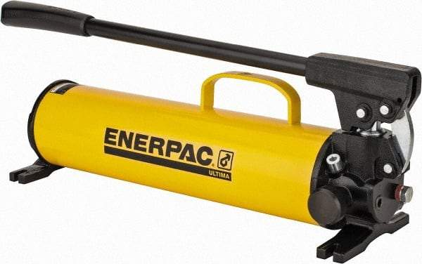 Enerpac - 1" Piston Stroke, 1-1/8" Piston Diam, 1.00, 0.15 Cu In per Stroke, 134 Cu In Reservoir Capacity, Manual Hydraulic Pump - 10,000 psi, 77 Lbs. Max Handle Effort, 2 Stage - Apex Tool & Supply