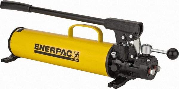 Enerpac - 1" Piston Stroke, 1-1/8" Piston Diam, 1.00, 0.15 Cu In per Stroke, 134 Cu In Reservoir Capacity, Manual Hydraulic Pump - 10,000 psi, 77 Lbs. Max Handle Effort, 2 Stage - Apex Tool & Supply