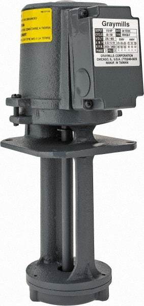 Graymills - 230/460 Volt, 1/8 hp, 3 Phase, 3,450 RPM, Cast Iron Immersion Machine Tool & Recirculating Pump - 10 GPM, 14 psi, 5" Long x 5" Mounting Flange Width, 11-3/4" Overall Height, Metric Thread, Plastic Impeller - Apex Tool & Supply