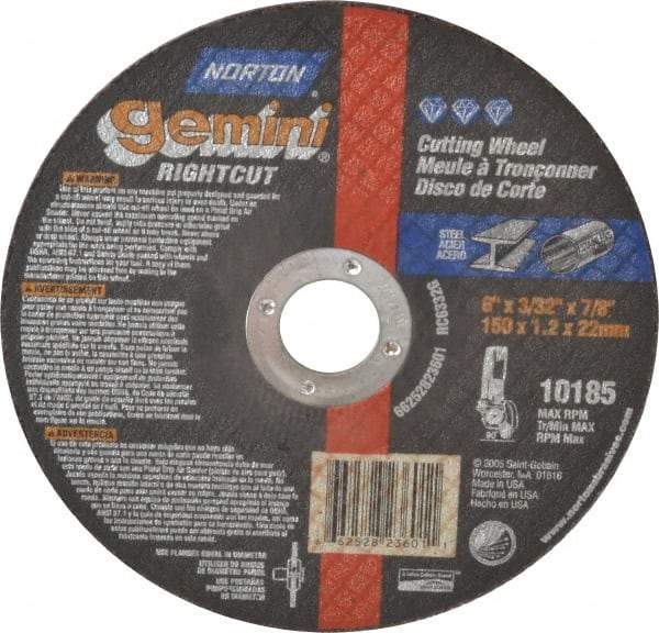 Norton - 6" Aluminum Oxide Cutoff Wheel - 3/32" Thick, 7/8" Arbor, 10,185 Max RPM, Use with Angle Grinders - Apex Tool & Supply