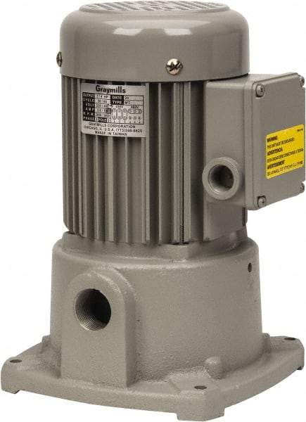 Graymills - 230/460 Volt, 3/4 hp, 3 Phase, 3,450 RPM, Cast Iron Suction Machine Tool & Recirculating Pump - 43 GPM, 1" Inlet, 52 psi, 8" Long x 8" Mounting Flange Width, 11-13/16" Overall Height, Metric Thread, Aluminum Impeller - Apex Tool & Supply