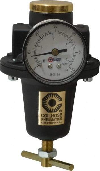 Coilhose Pneumatics - 1/2 NPT Port, 80 CFM, Cast Aluminum Heavy-Duty T-Handle Regulator - 0 to 60 psi Range, 250 Max psi Supply Pressure, 1/4" Gauge Port Thread, 4" Wide x 7" High - Apex Tool & Supply