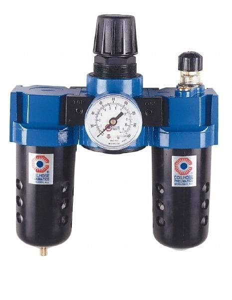 Coilhose Pneumatics - 3/8" NPT Port Standard 3 Piece Filter-Regulator-Lubricator FRL Unit - Metal Bowl, 102 SCFM, 250 Max psi, 10.5" High, Manual Drain - Apex Tool & Supply