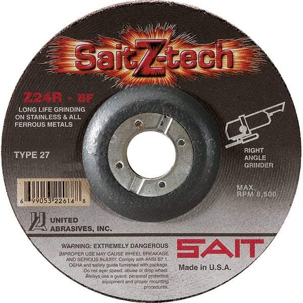 Sait - 24 Grit, 4" Wheel Diam, 1/4" Wheel Thickness, 5/8" Arbor Hole, Type 27 Depressed Center Wheel - Zirconia Alumina, Resinoid Bond, R Hardness, 13,500 Max RPM, Compatible with Angle Grinder - Apex Tool & Supply