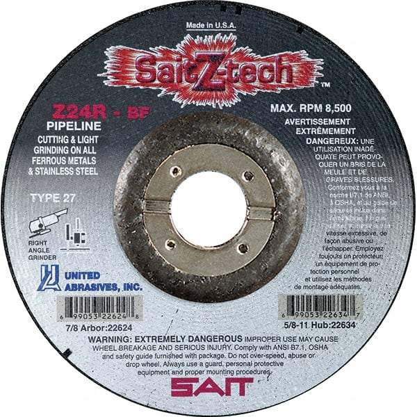 Sait - 24 Grit, 7" Wheel Diam, 1/8" Wheel Thickness, 7/8" Arbor Hole, Type 27 Depressed Center Wheel - Zirconia Alumina, Resinoid Bond, R Hardness, 8,500 Max RPM, Compatible with Angle Grinder - Apex Tool & Supply