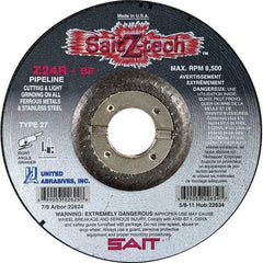 Sait - 24 Grit, 7" Wheel Diam, 1/8" Wheel Thickness, 7/8" Arbor Hole, Type 27 Depressed Center Wheel - Zirconia Alumina, Resinoid Bond, R Hardness, 8,500 Max RPM, Compatible with Angle Grinder - Apex Tool & Supply