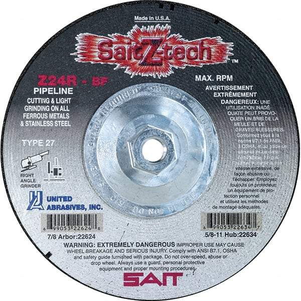 Sait - 24 Grit, 4-1/2" Wheel Diam, 1/8" Wheel Thickness, Type 27 Depressed Center Wheel - Zirconia Alumina, Resinoid Bond, R Hardness, 13,300 Max RPM, Compatible with Angle Grinder - Apex Tool & Supply