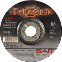 Sait - 24 Grit, 4-1/2" Wheel Diam, 3/32" Wheel Thickness, 7/8" Arbor Hole, Type 27 Depressed Center Wheel - Zirconia Alumina, Resinoid Bond, R Hardness, 13,300 Max RPM, Compatible with Angle Grinder - Apex Tool & Supply