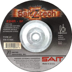 Sait - 24 Grit, 6" Wheel Diam, 3/32" Wheel Thickness, Type 27 Depressed Center Wheel - Zirconia Alumina, Resinoid Bond, R Hardness, 10,200 Max RPM, Compatible with Angle Grinder - Apex Tool & Supply