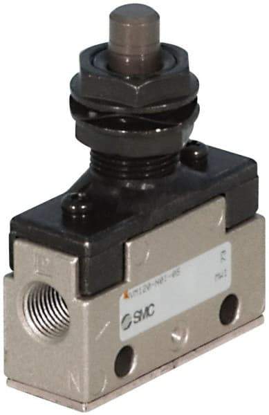 SMC PNEUMATICS - 1.00 CV Rate, 1/4" NPT Inlet Mechanical Valve - 3 Way, 2 Ports, Push Button Flush - Apex Tool & Supply