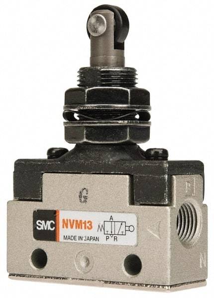 SMC PNEUMATICS - 0.14 CV Rate, 1/8" NPT Inlet Mechanical Valve - 3 Way, 2 Ports, Plunger Roller Plunger Inline - Apex Tool & Supply