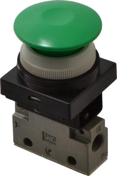 SMC PNEUMATICS - 0.14 CV Rate, 1/8" NPT Inlet Mechanical Valve - 3 Way, 2 Ports, Push Button Mushroom - Apex Tool & Supply