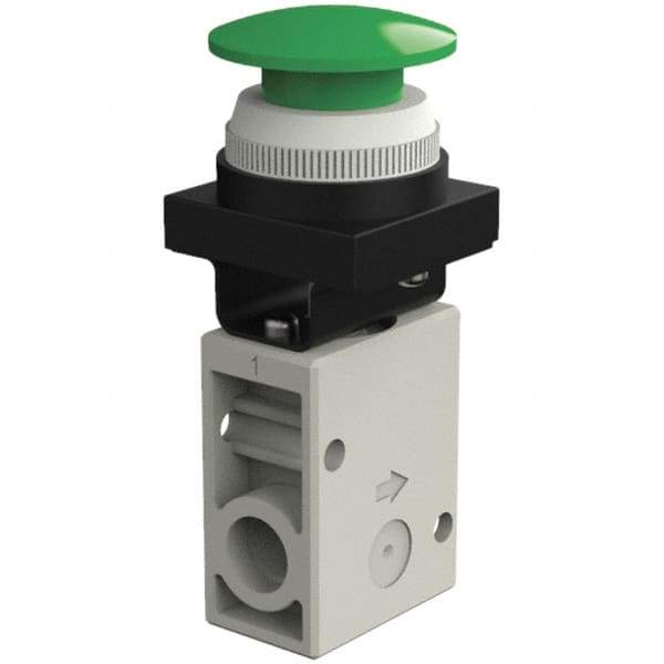 SMC PNEUMATICS - 1.00 CV Rate, 1/4" NPT Inlet Mechanical Valve - 3 Way, 2 Ports, Push Button Mushroom - Apex Tool & Supply