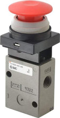 SMC PNEUMATICS - 1.00 CV Rate, 1/4" NPT Inlet Mechanical Valve - 3 Way, 2 Ports, Push Button Mushroom - Apex Tool & Supply
