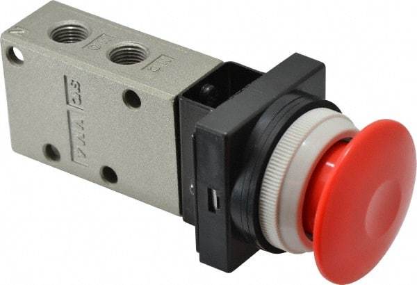 SMC PNEUMATICS - 0.38 CV Rate, 1/4" NPT Inlet Mechanical Valve - 3 Way, 3 Ports, Push Button Mushroom - Apex Tool & Supply