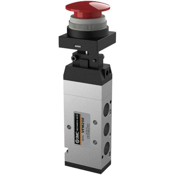 SMC PNEUMATICS - 1.00 CV Rate, 1/4" NPT Inlet Mechanical Valve - 4 Way, 5 Ports, Push Button Mushroom - Apex Tool & Supply