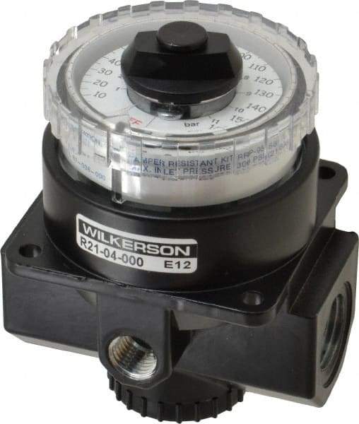 Wilkerson - 1/2 NPT Port, 195 CFM, Zinc Dial Air Regulator - 5 to 160 psi Range, 300 Max psi Supply Pressure, 1/4" Gauge Port Thread, 3.2" Wide x 4.19" High - Apex Tool & Supply