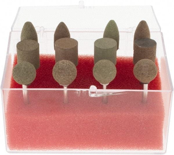 Grier Abrasives - 12 Piece Aluminum Oxide Rubber Rubber Mounted Abrasive Wheel Set - Includes Mounted Wheels with 1/8" Diam x 1-1/2" Long Shank - Apex Tool & Supply