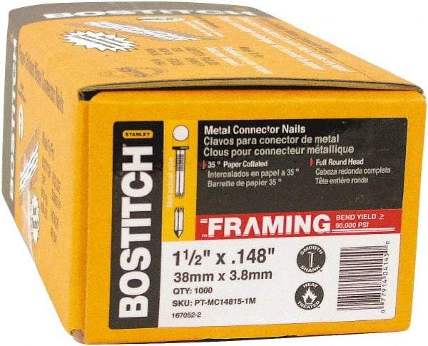 Stanley Bostitch - 10 Gauge 0.148" Shank Diam 1-1/2" Long Metal Connecting Nails for Power Nailers - Steel, Bright Finish, Smooth Shank, Angled Stick Paper Tape Collation, Round Head, Diamond Point - Apex Tool & Supply