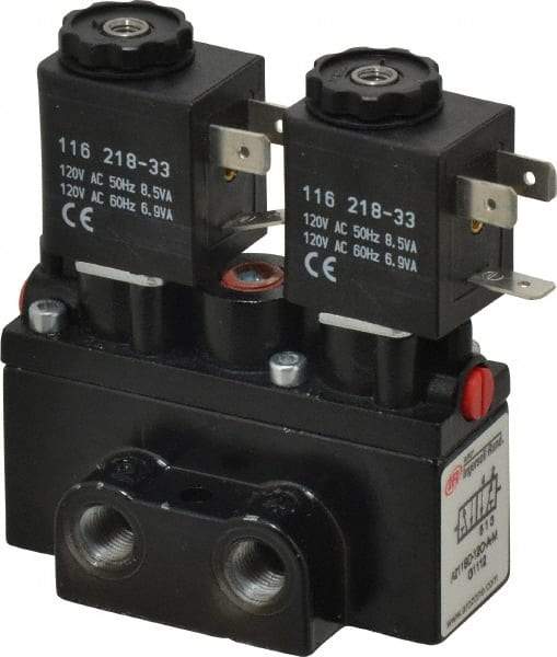 ARO/Ingersoll-Rand - 1/8" Inlet x 1/8" Outlet, Solenoid Actuator, Solenoid Return, 2 Position, Body Ported Solenoid Air Valve - 120 VAC Input, 32 CFM, 0.9 CV, 4 Way, 150 psi, 3-1/2" Long x 1-15/16" Wide x 3-1/4" High, 0 to 180°F - Apex Tool & Supply