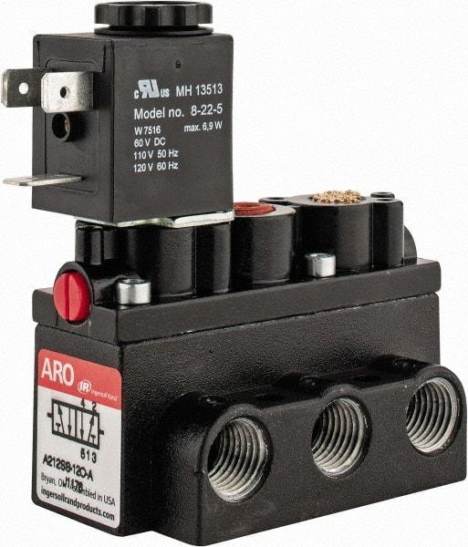 ARO/Ingersoll-Rand - 1/4" Inlet x 1/4" Outlet, Solenoid Actuator, Spring Return, 2 Position, Body Ported Solenoid Air Valve - 120 VAC Input, 54 CFM, 1.5 CV, 4 Way, 150 psi, 2-15/16" Long x 1-15/16" Wide x 1-15/16" High, 0 to 180°F - Apex Tool & Supply