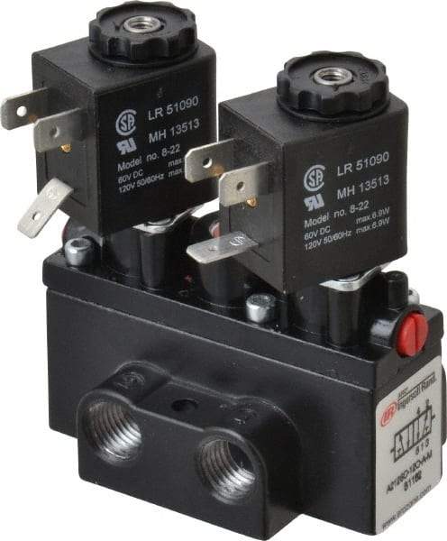 ARO/Ingersoll-Rand - 1/4" Inlet x 1/4" Outlet, Solenoid Actuator, Solenoid Return, 2 Position, Body Ported Solenoid Air Valve - 120 VAC Input, 54 CFM, 1.5 CV, 4 Way, 150 psi, 3-31/32" Long x 1-15/16" Wide x 3-1/4" High, 0 to 180°F - Apex Tool & Supply