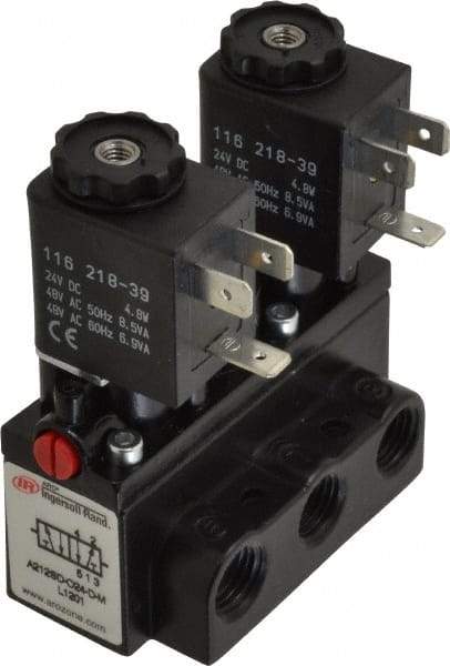 ARO/Ingersoll-Rand - 1/4" Inlet x 1/4" Outlet, Solenoid Actuator, Solenoid Return, 2 Position, Body Ported Solenoid Air Valve - 24 VDC Input, 54 CFM, 1.5 CV, 4 Way, 150 psi, 3-31/32" Long x 1-15/16" Wide x 3-1/4" High, 0 to 180°F - Apex Tool & Supply