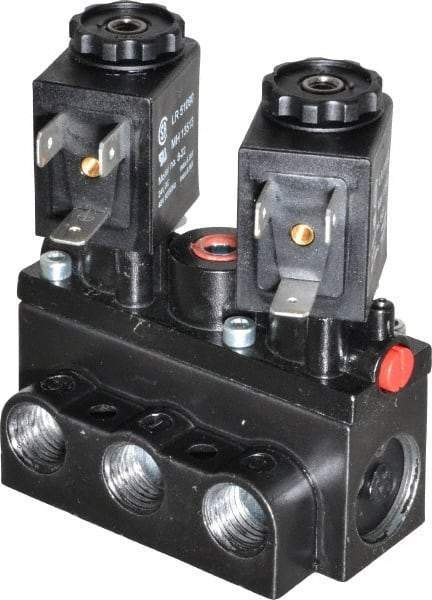 ARO/Ingersoll-Rand - 1/4" Inlet x 1/4" Outlet, Solenoid Actuator, Solenoid Return, 3 Position, Body Ported Solenoid Air Valve - 24 VDC Input, 32 CFM, 0.9 CV, 4 Way, 150 psi, 2-15/16" Long x 1-15/16" Wide x 1-13/16" High, 0 to 180°F - Apex Tool & Supply